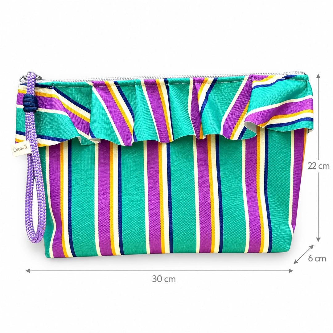 Necessaire Grande Impermeável Maggy com Folho Riscas Verdes Roxo — com medidas 30 × 22 × 6 cm