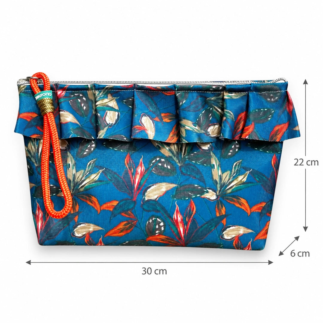 Necessaire Grande Impermeável Maggy com Folho Folhas Exóticas Azul Petróleo — com medidas 30 × 22 × 6 cm