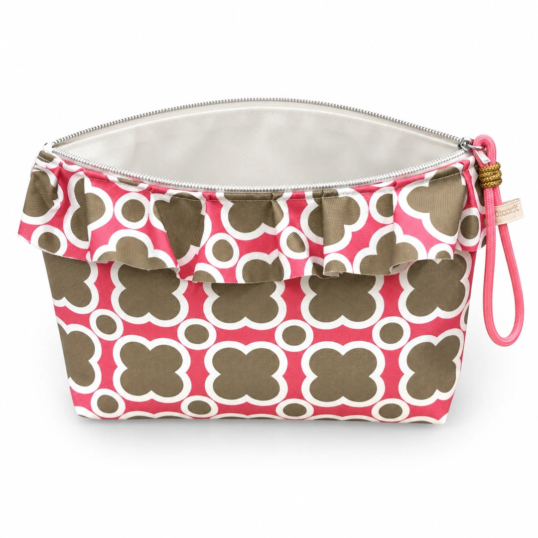 Necessaire Grande Impermeável Maggy com Folho Mosaico Verde Rosa — aberta e vazia, interior branco sem forro nem divisórias