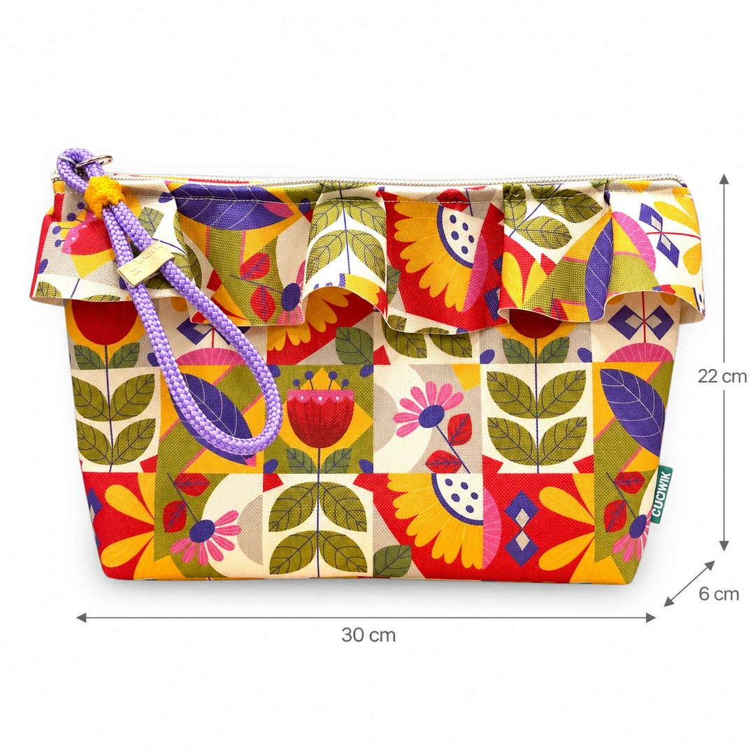 Necessaire Grande Impermeável Maggy com Folho Flores Mosaico Folk Colorido — com medidas 30 × 22 × 6 cm