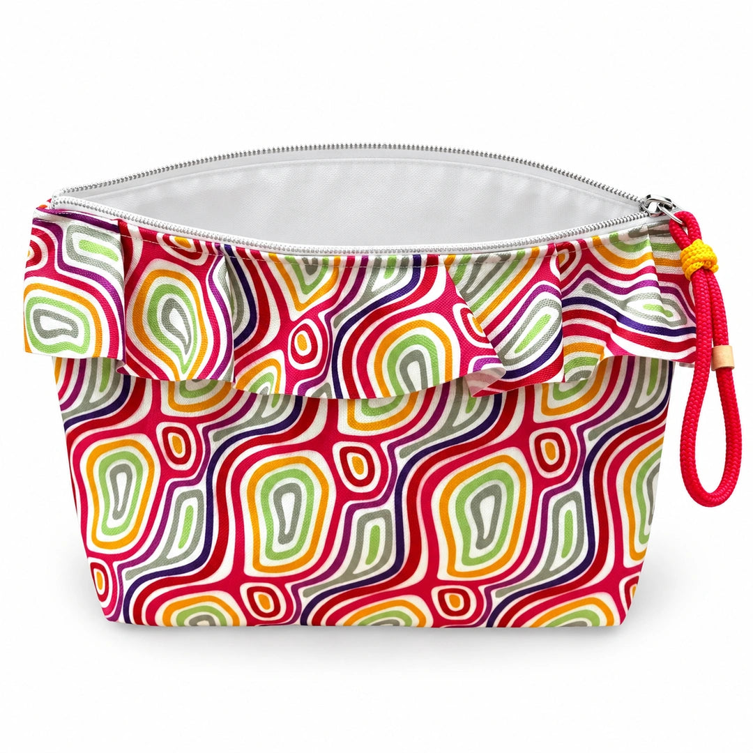 Necessaire Grande Impermeável Maggy com Folho Orgânico Ondulado Colorido — aberta e vazia, interior branco sem forro nem divisórias