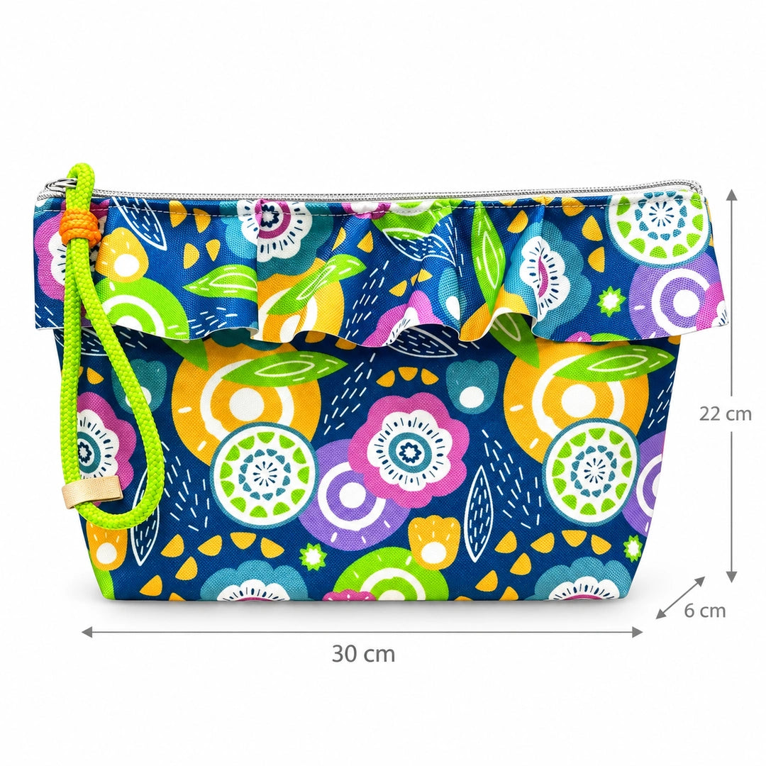 Necessaire Grande Impermeável Maggy com Folho Flores Coloridas Fundo Petróleo — com medidas 30 × 22 × 6 cm