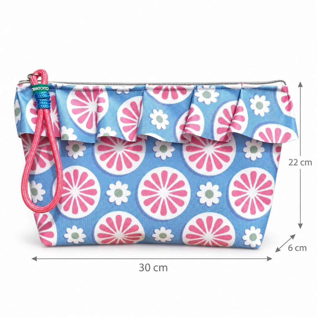 Necessaire Grande Impermeável Maggy com Folho Flores Retro Azul Rosa — com medidas 30 × 22 × 6 cm
