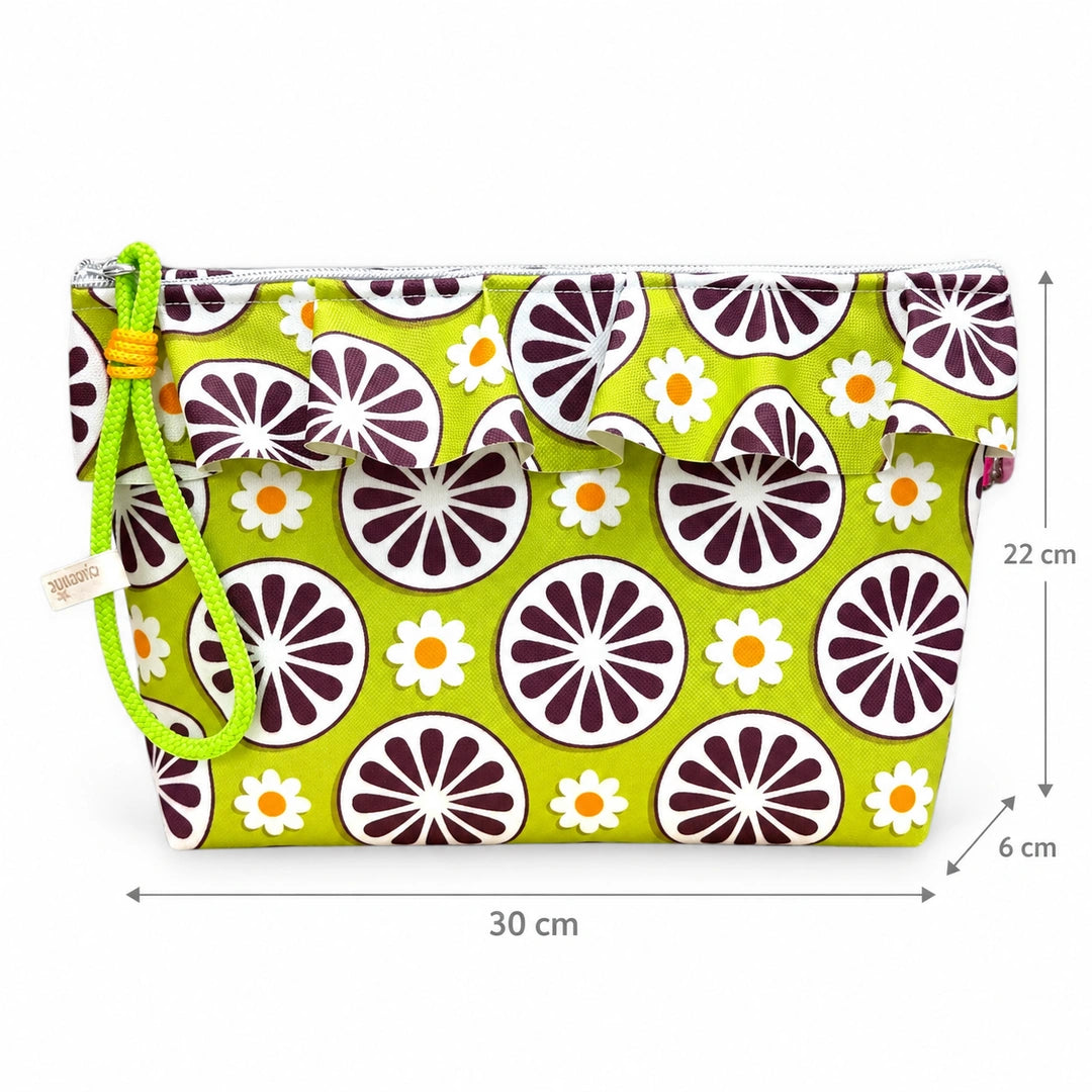 Necessaire Grande Impermeável Maggy com Folho Flores Retro Verde Roxo — com medidas 30 × 22 × 6 cm