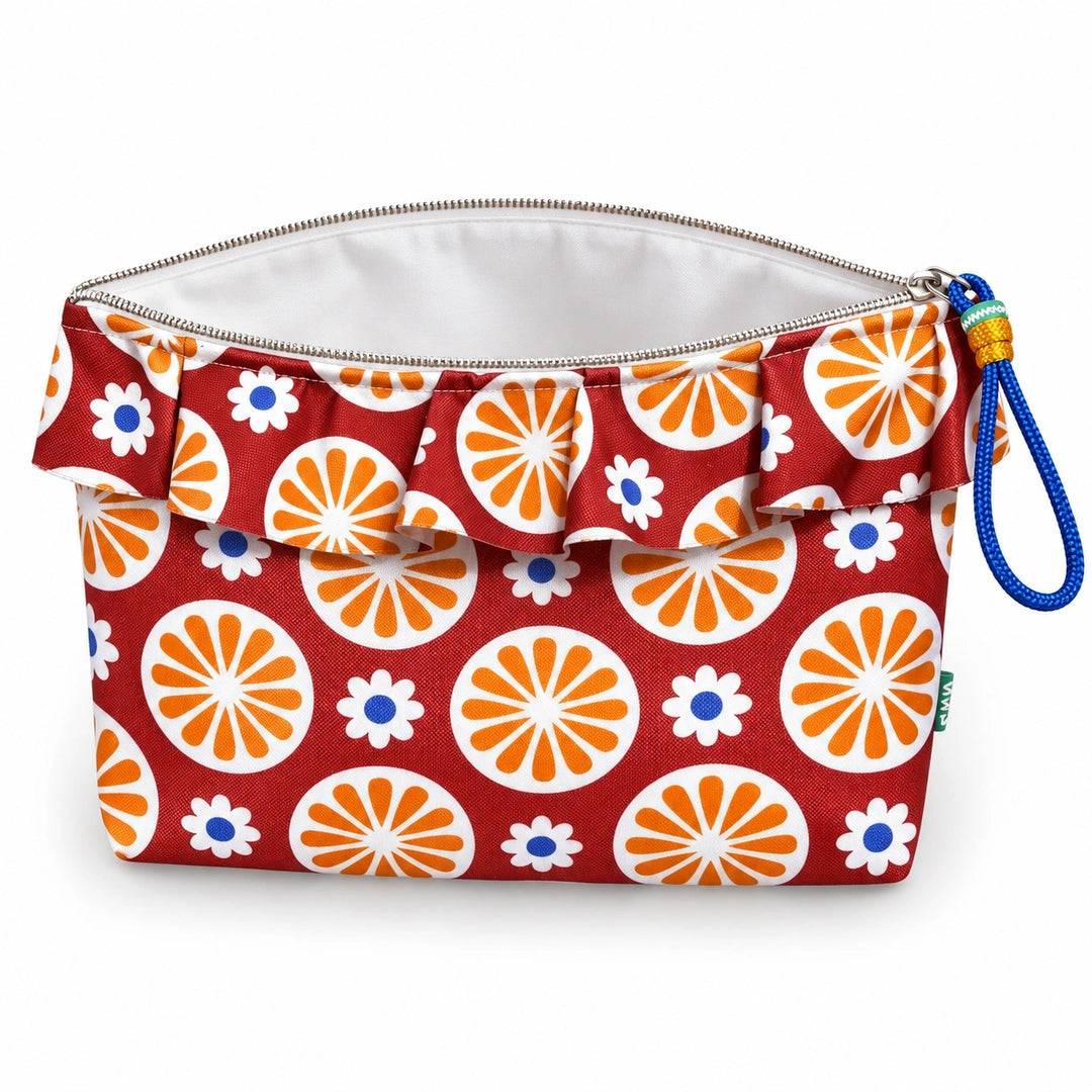 Necessaire Grande Impermeável Maggy com Folho Flores Retro Vermelho Laranja — aberta e vazia, interior branco sem forro nem divisórias