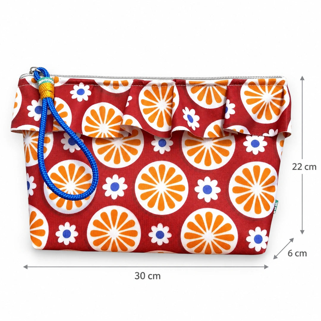 Necessaire Grande Impermeável Maggy com Folho Flores Retro Vermelho Laranja — com medidas 30 × 22 × 6 cm