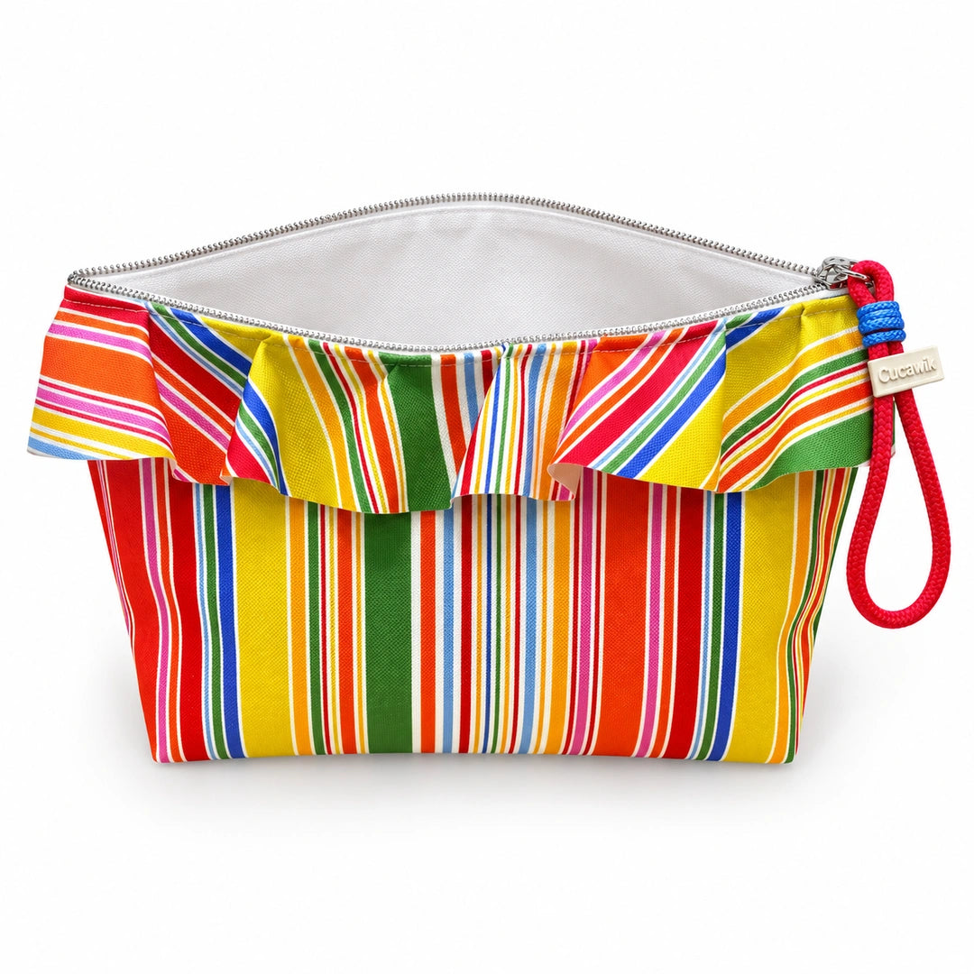 Necessaire Grande Impermeável Maggy com Folho Riscas Coloridas Laranja — aberta e vazia, interior branco sem forro nem divisórias