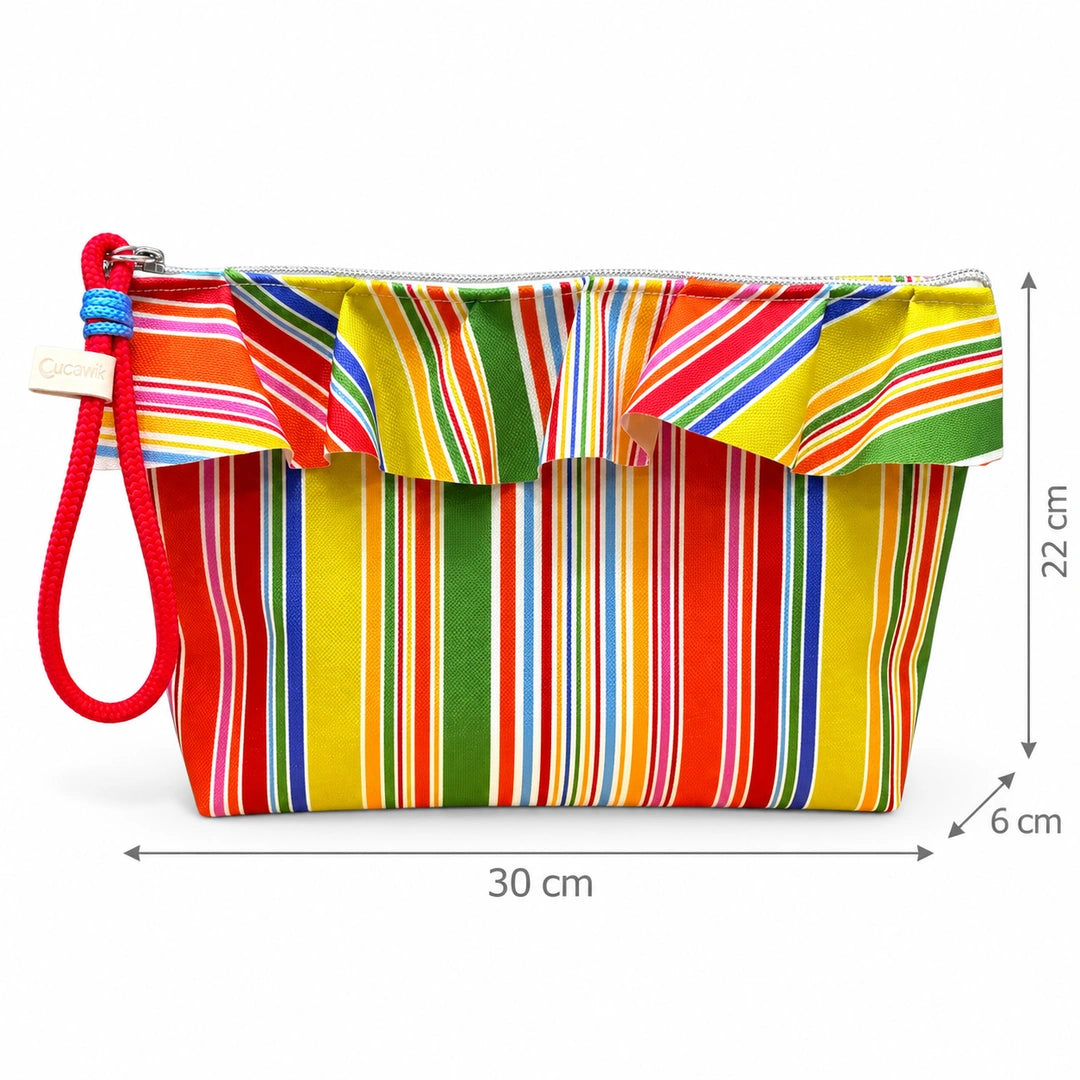 Necessaire Grande Impermeável Maggy com Folho Riscas Coloridas Laranja — com medidas 30 × 22 × 6 cm