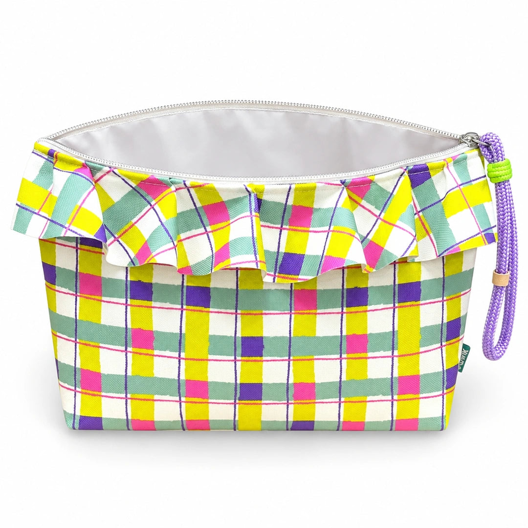 Necessaire Grande Impermeável Maggy com Folho Xadrez Colorido Pastel — aberta e vazia, interior branco sem forro nem divisórias
