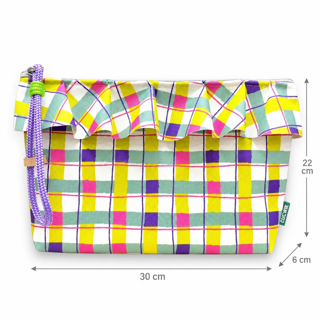 Necessaire Grande Impermeável Maggy com Folho Xadrez Colorido Pastel — com medidas 30 × 22 × 6 cm