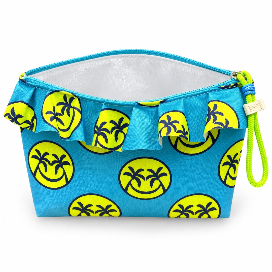 Necessaire Grande Impermeável Maggy com Folho Smiles Palmeiras Turquesa — aberta e vazia, interior branco sem forro nem divisórias