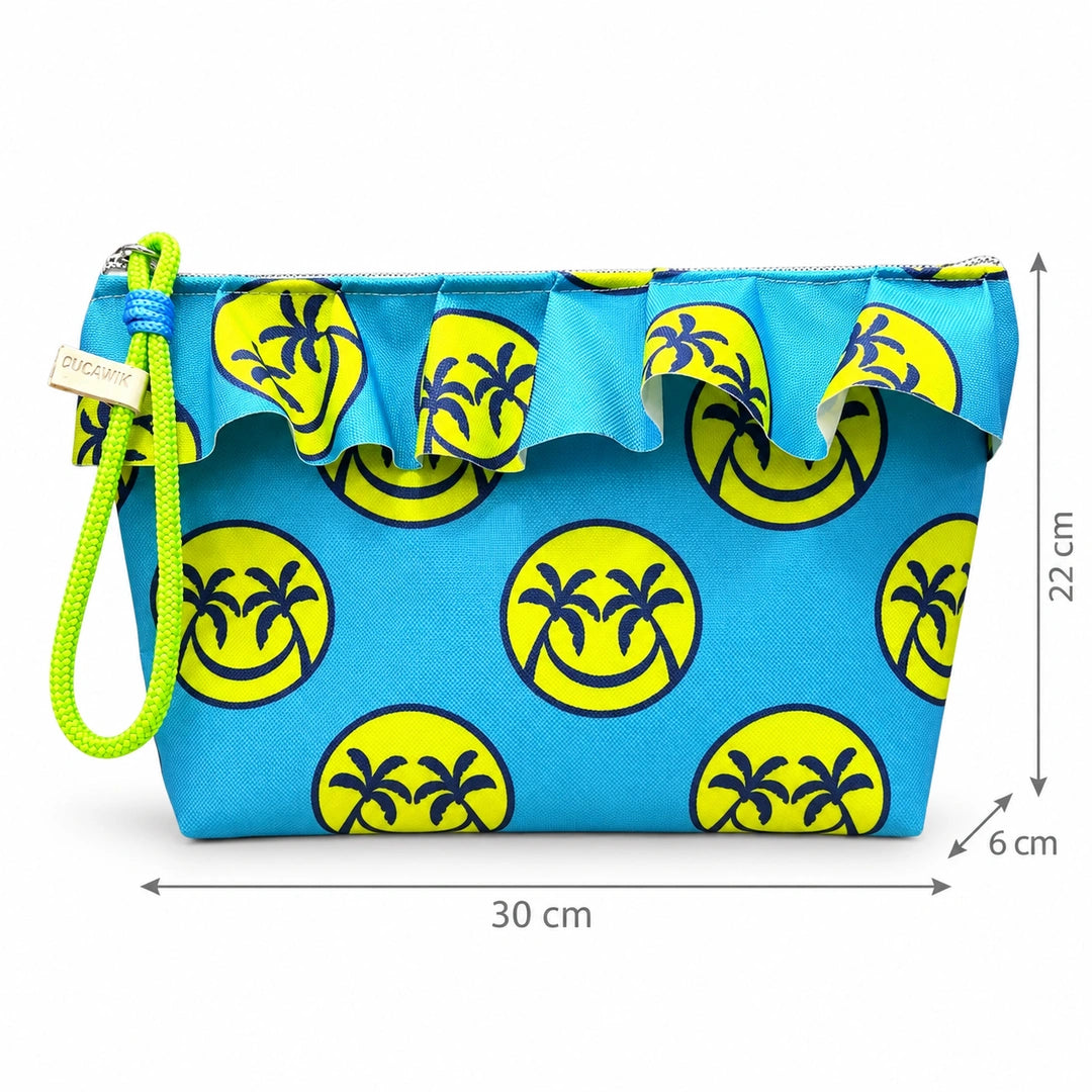 Necessaire Grande Impermeável Maggy com Folho Smiles Palmeiras Turquesa — com medidas 30 × 22 × 6 cm