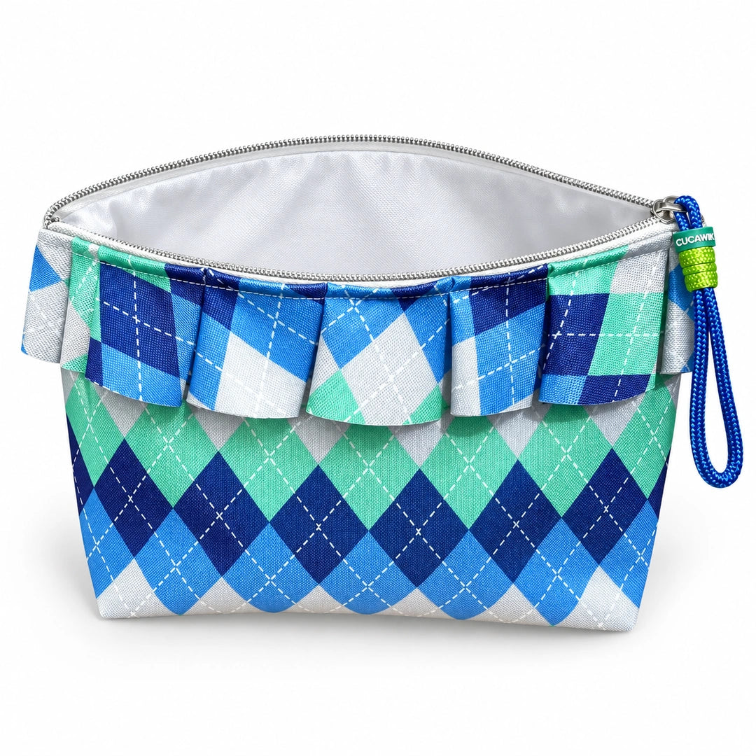 Necessaire Grande Impermeável Maggy com Folho Argyle Azul Verde — aberta e vazia, interior branco sem forro nem divisórias