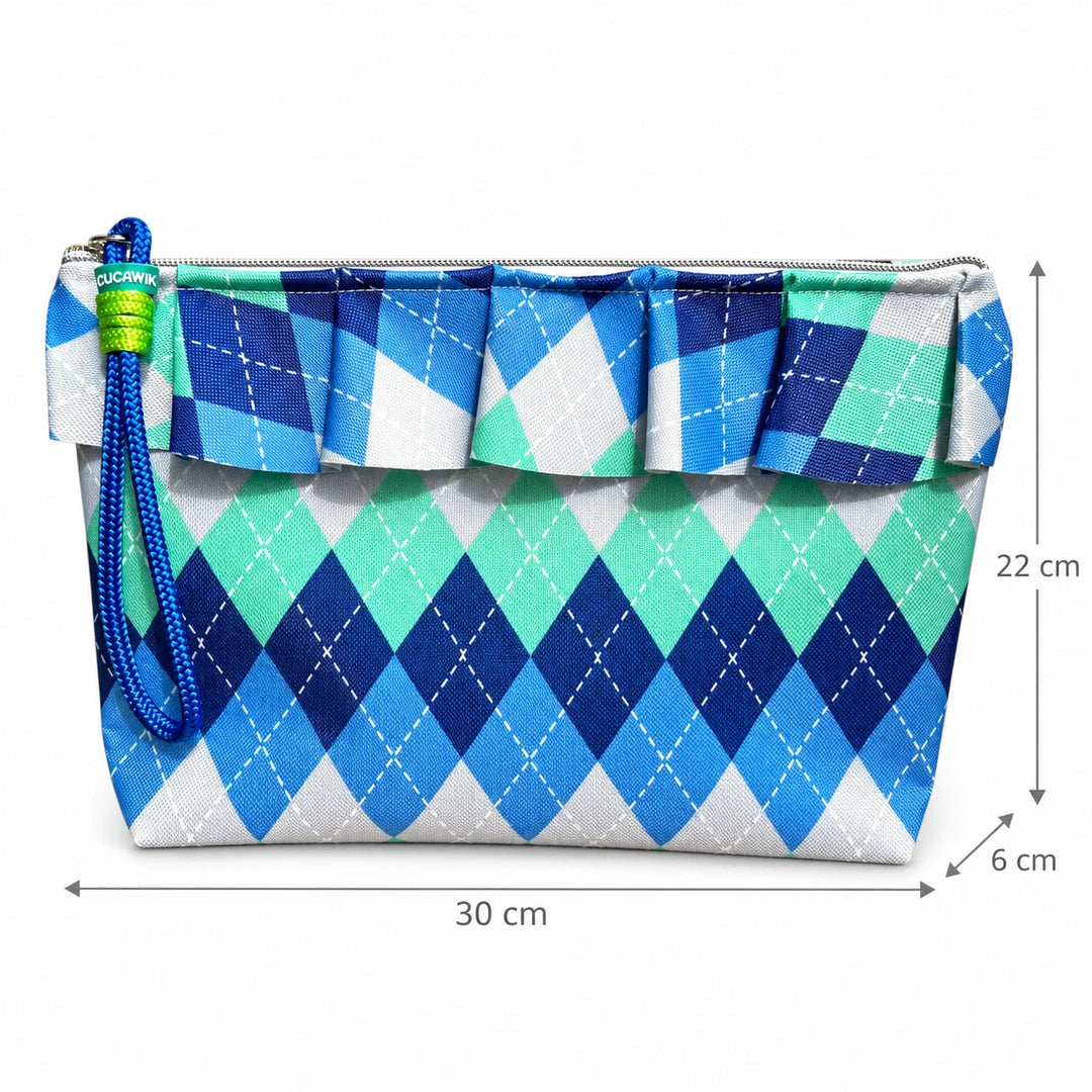 Necessaire Grande Impermeável Maggy com Folho Argyle Azul Verde — com medidas 30 × 22 × 6 cm
