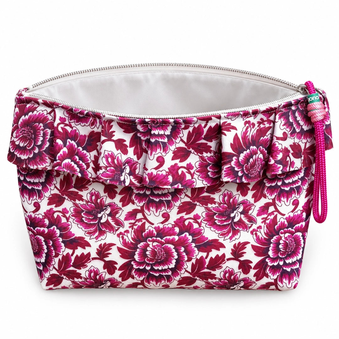 Necessaire Grande Impermeável Maggy com Folho Paisley Peónias Vermelho Bordeaux — aberta e vazia, interior branco sem forro nem divisórias