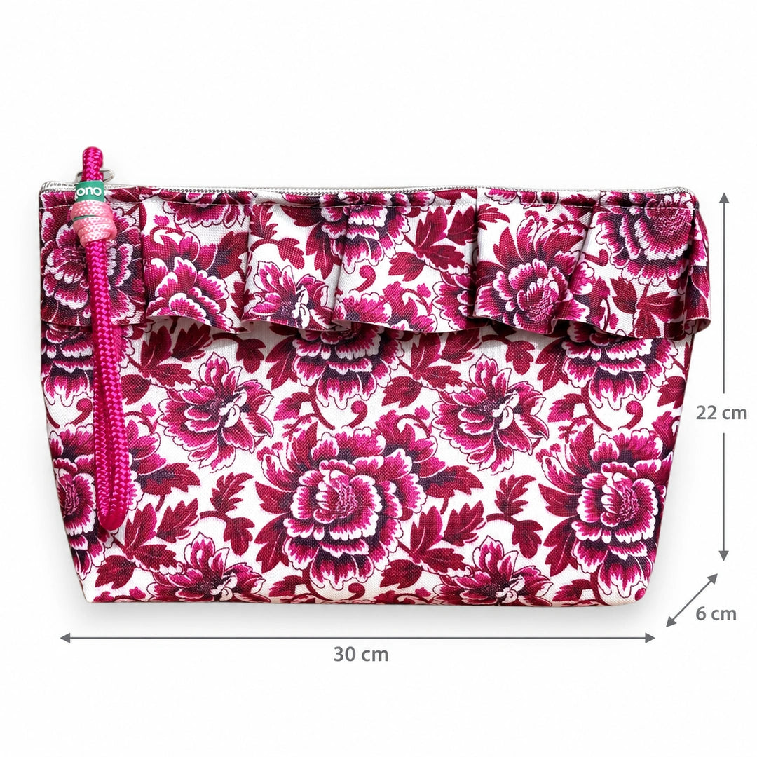 Necessaire Grande Impermeável Maggy com Folho Paisley Peónias Vermelho Bordeaux — com medidas 30 × 22 × 6 cm