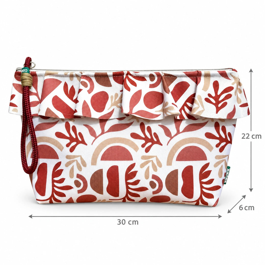 Necessaire Grande Impermeável Maggy com Folho Plantas Bege Castanho — com medidas 30 × 22 × 6 cm