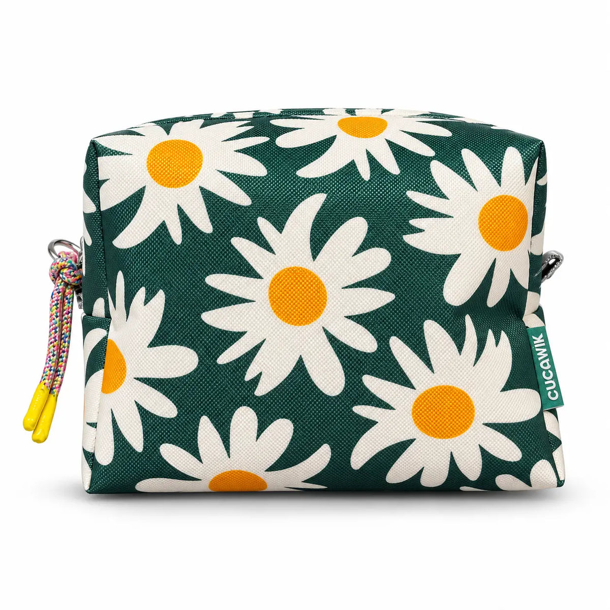 Necessaire Grande Impermeável Eden Margaridas Fundo Verde Escuro