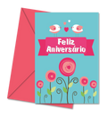 Postal de Aniversário com Flores e Pássaros "Feliz Aniversário" | Cucawik