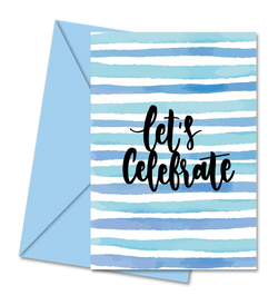 Postal de Aniversário com Riscas Azuis "Let's Celebrate" | Cucawik