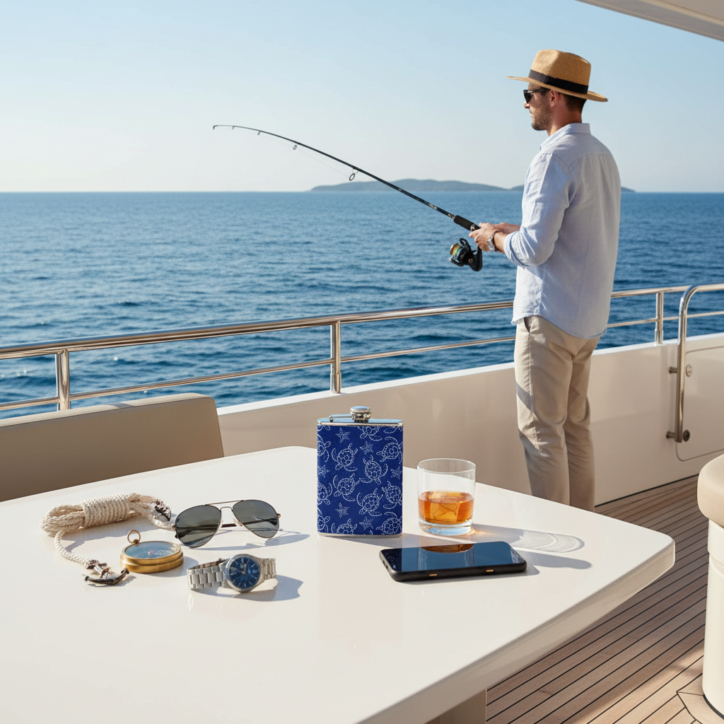 Senhor a pescar no iate com garrafa de tartarugas