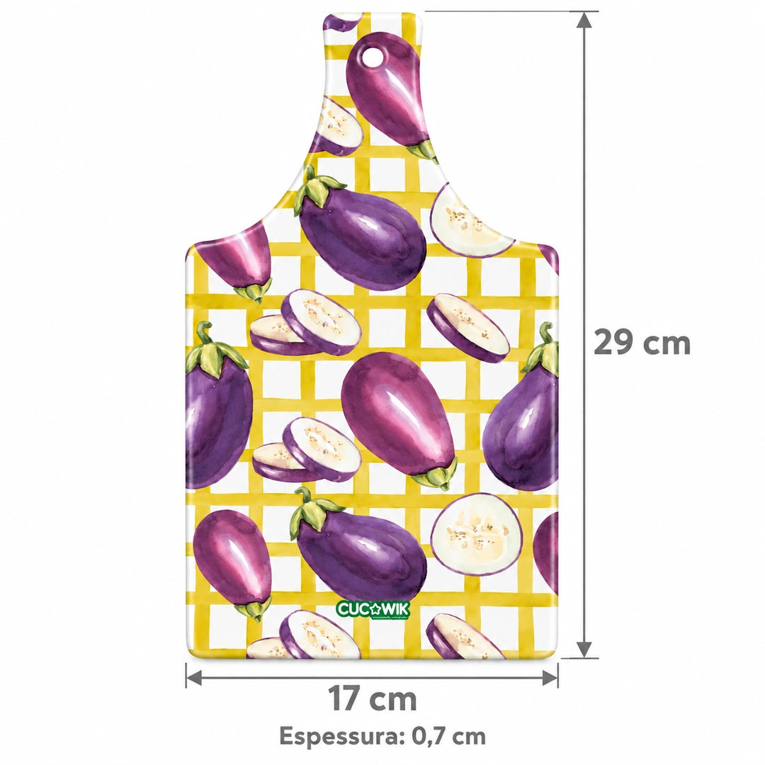 Tábua de Corte de Cerâmica Beringelas Aguarela Fundo Xadrez Lima — medidas 17 × 29 × 0,7 cm