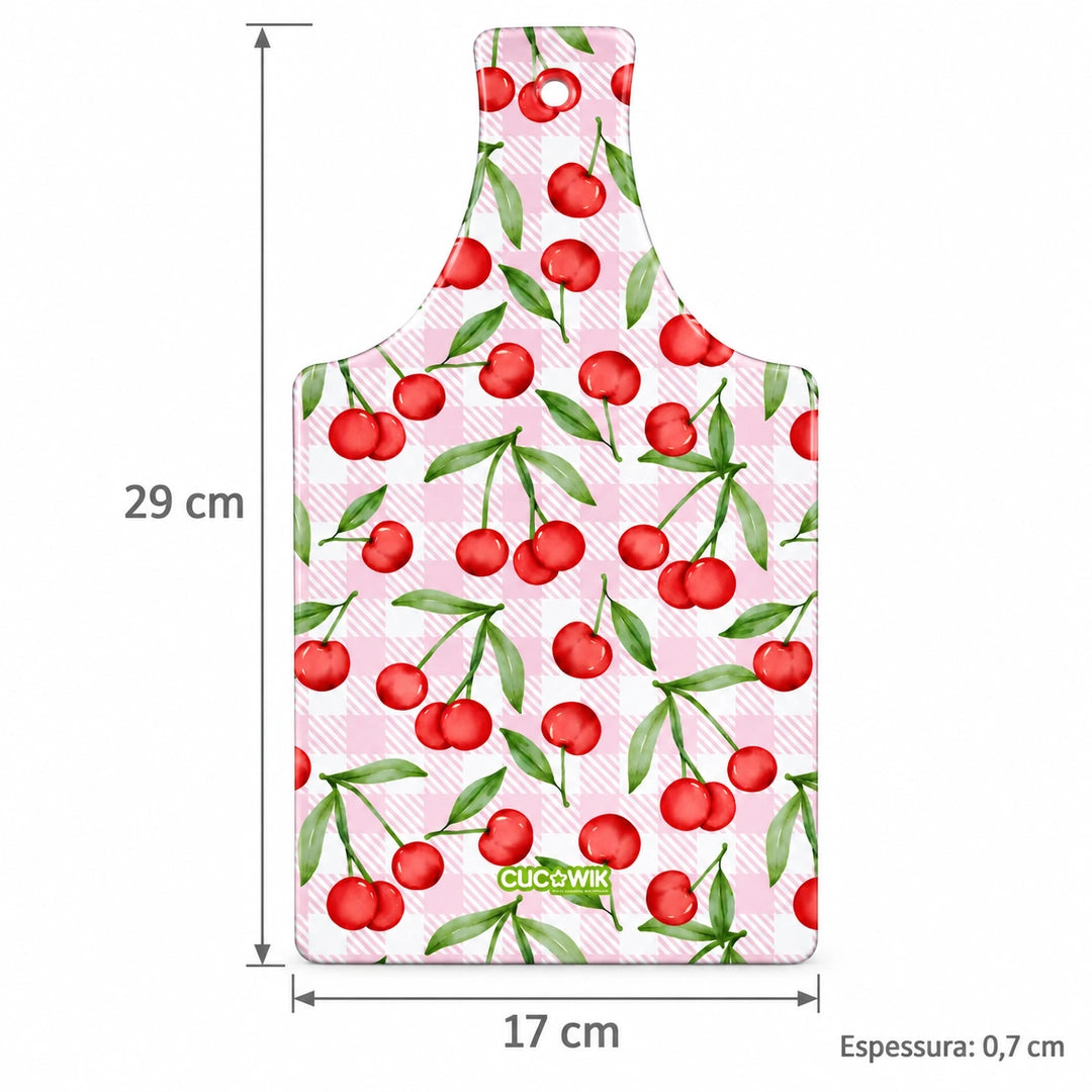 Tábua de Corte de Cerâmica Cerejas do Fundão Fundo Xadrez Rosa — medidas 17 × 29 × 0,7 cm
