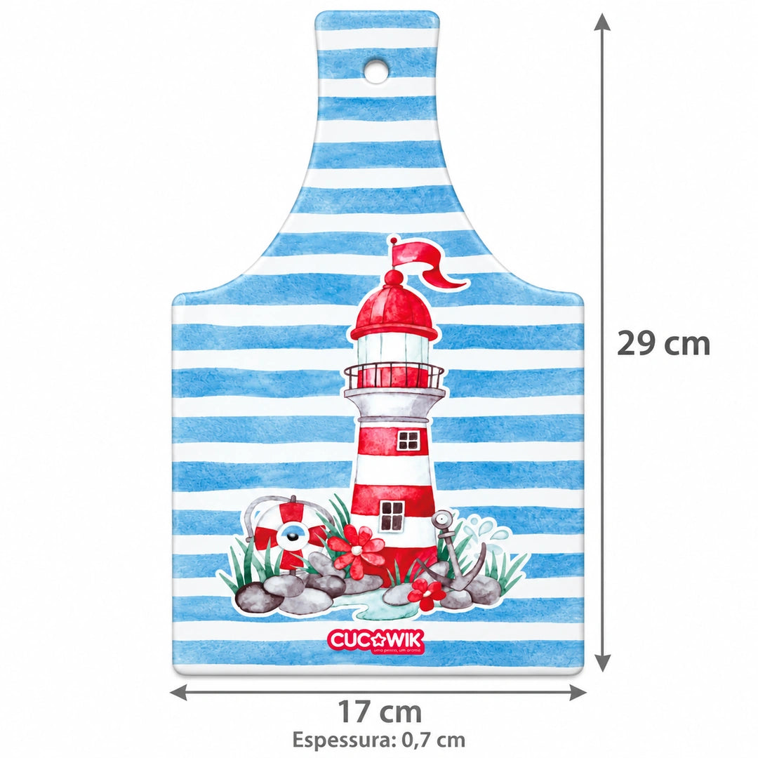 Tábua de Corte de Cerâmica Farol Vermelho Fundo Riscas Azuis — medidas 17 × 29 × 0,7 cm