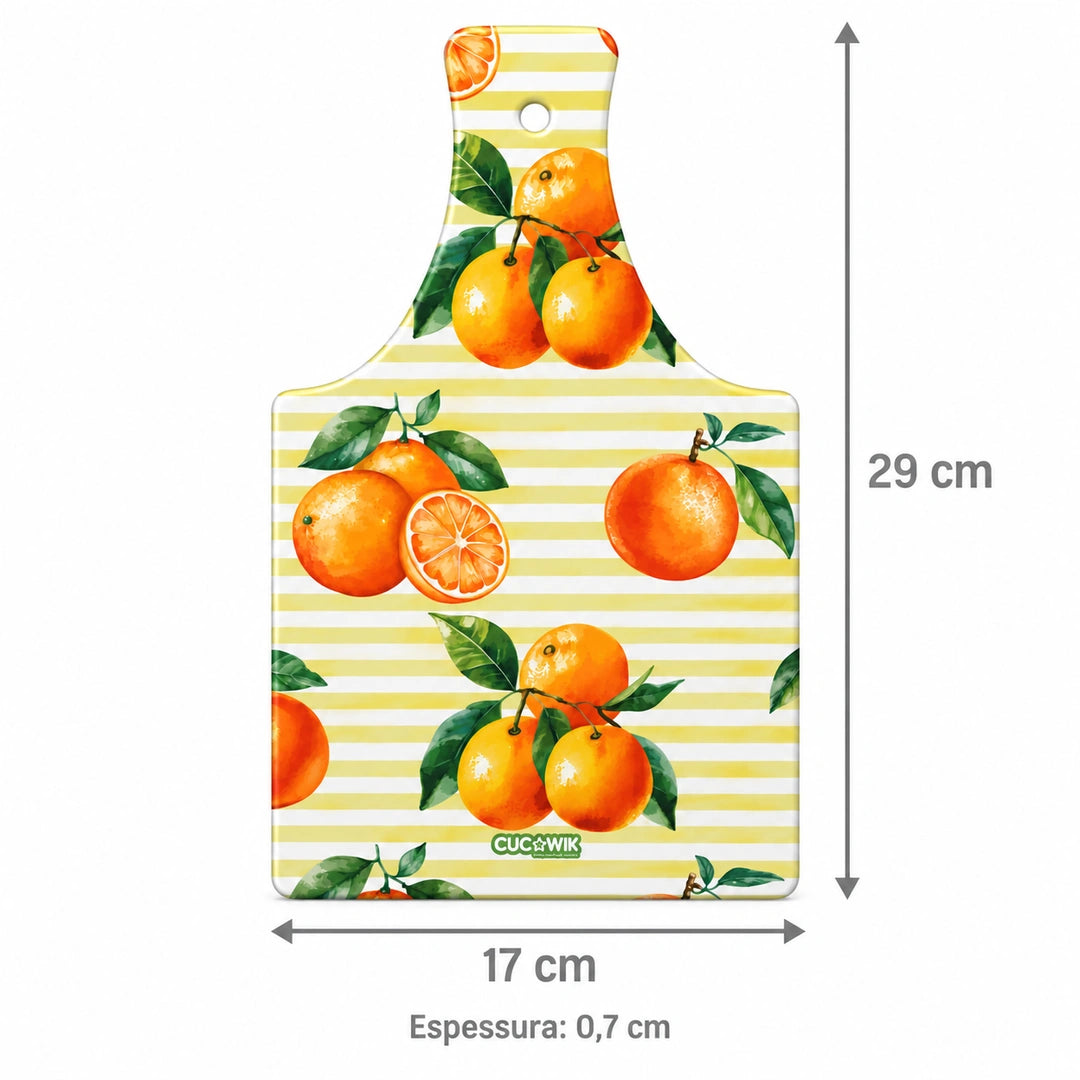 Tábua de Corte de Cerâmica Laranjas Algarvias Fundo Riscas Laranjas — medidas 17 × 29 × 0,7 cm