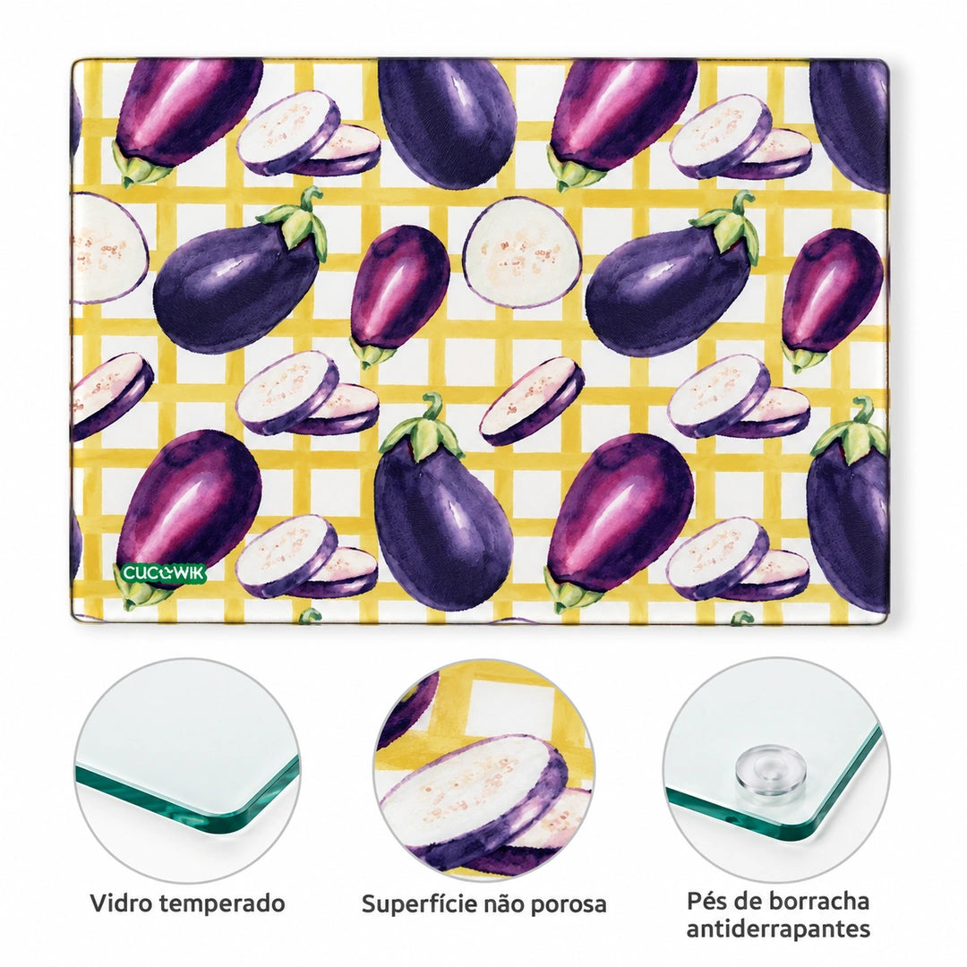 Tábua de Corte de Vidro Temperado Beringelas Aguarela Fundo Xadrez Lima — características e materiais