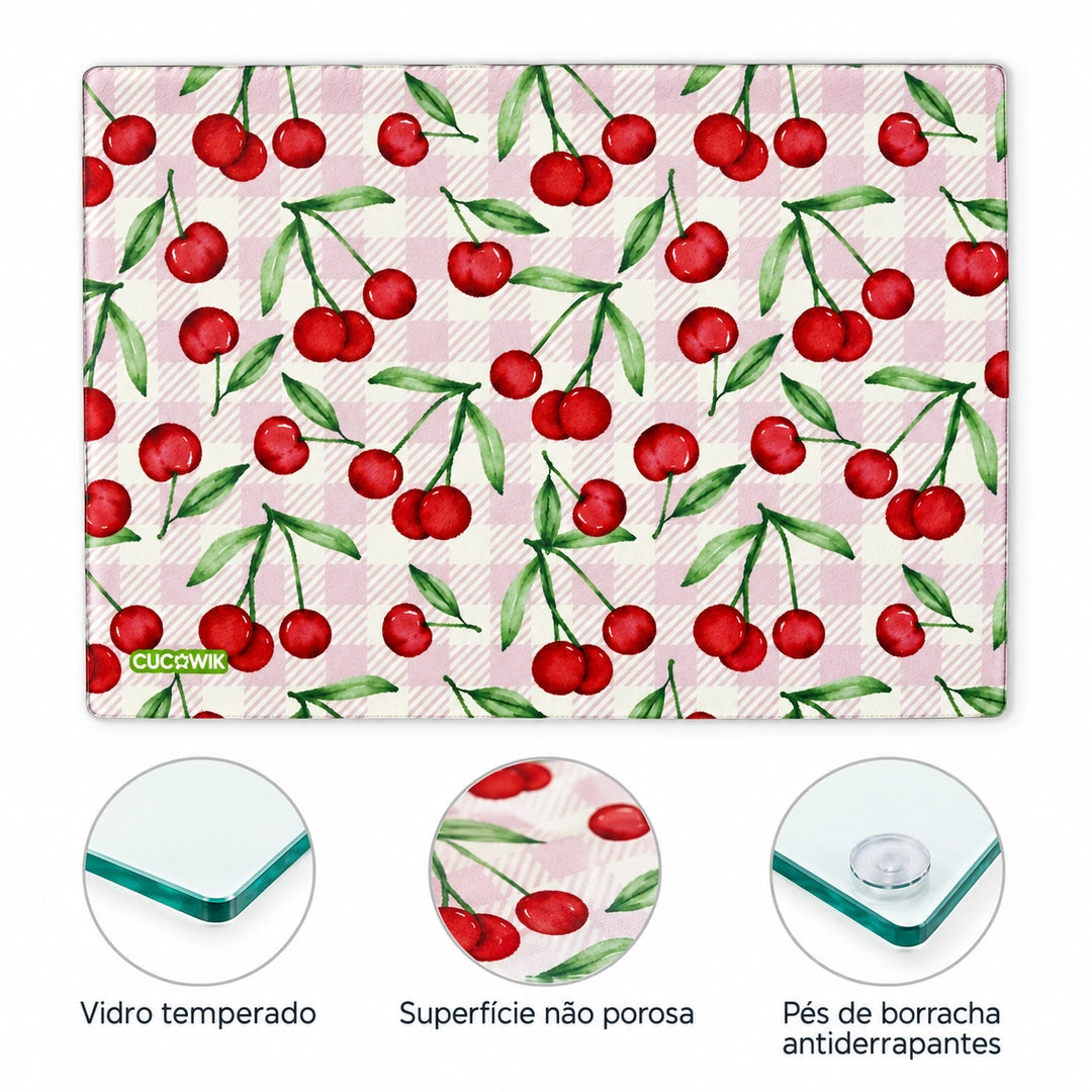 Tábua de Corte de Vidro Temperado Cerejas do Fundão Fundo Xadrez Rosa — características e materiais
