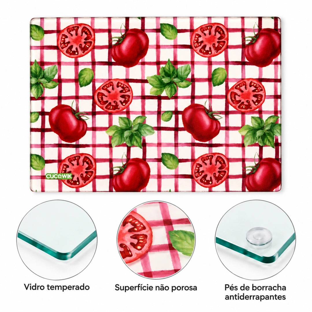 Tábua de Corte de Vidro Temperado Tomate Manjericão Xadrez — características e materiais