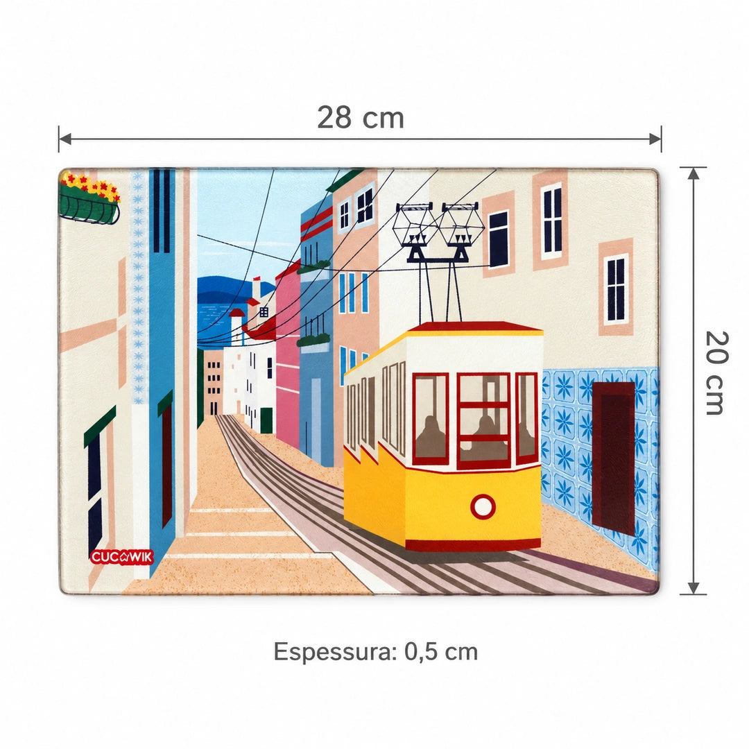 Tábua de vidro temperado Eléctrico Bica Lisboa — medidas 28 × 20 × 0,5 cm