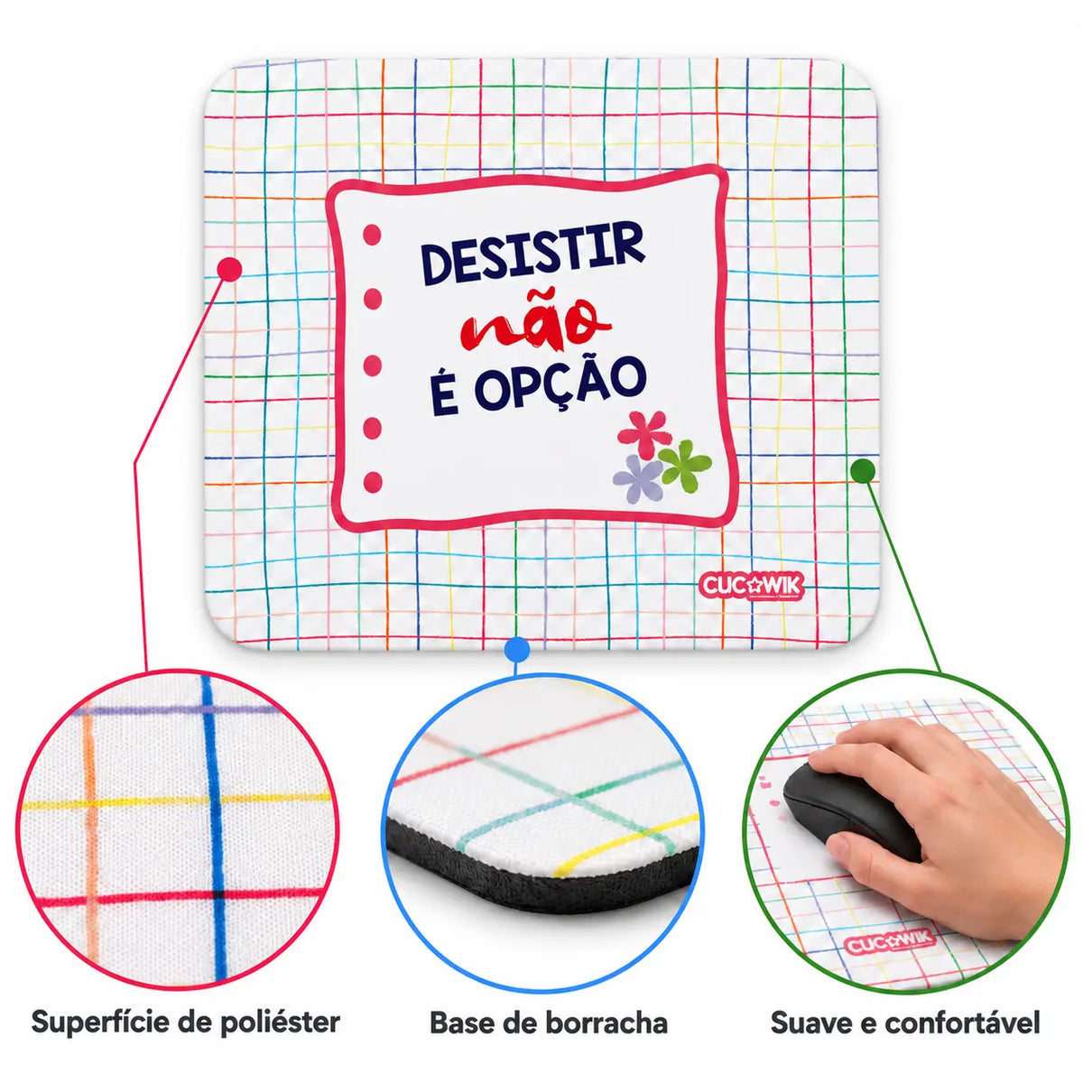 Características do tapete de rato com frase Desistir Não é Opção – tecido de poliéster