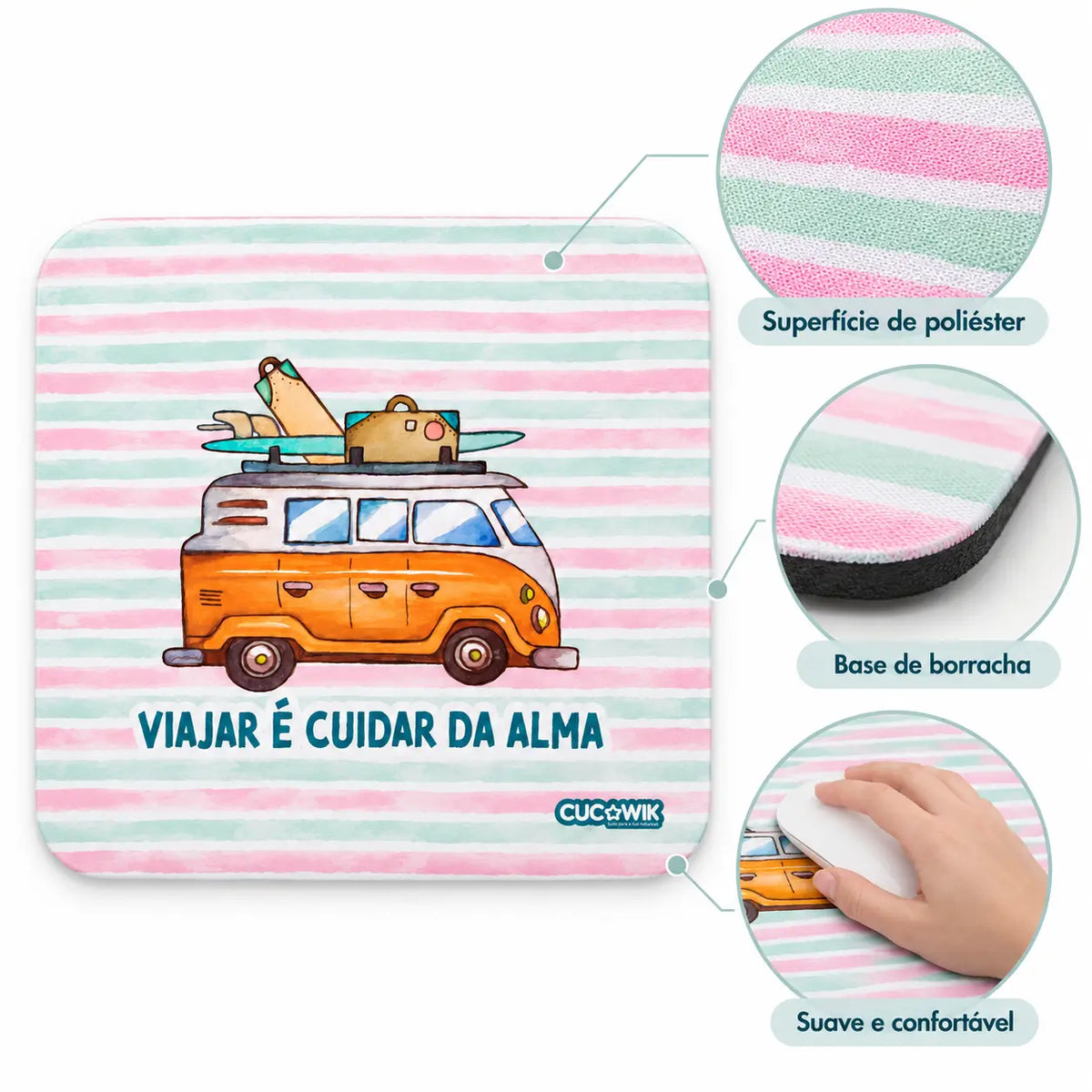 Características do tapete de rato com frase Viajar é Cuidar da Alma – tecido de poliéster