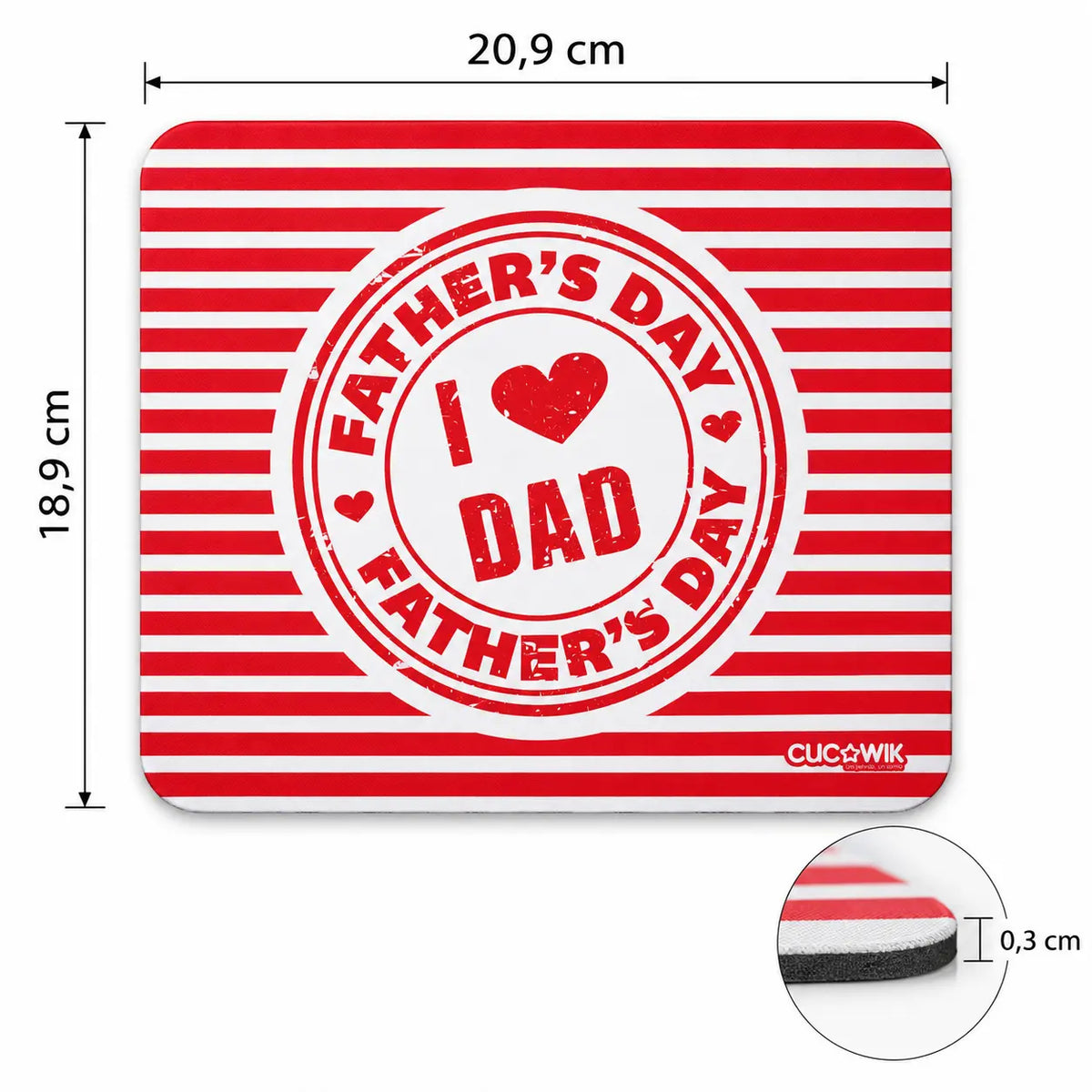 Medidas do tapete de rato com frase I Love Dad - Father's Day – 20,9 × 18,9 × 0,3 cm
