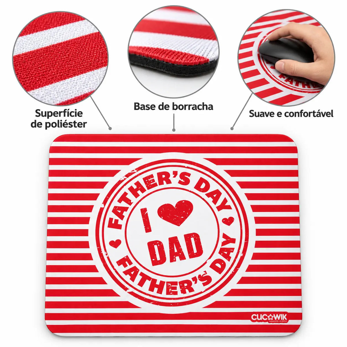 Características do tapete de rato com frase I Love Dad - Father's Day – tecido de poliéster